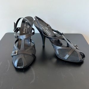 Michel Perry Black Leather Heels with Netting and Straps Size 8 1/2